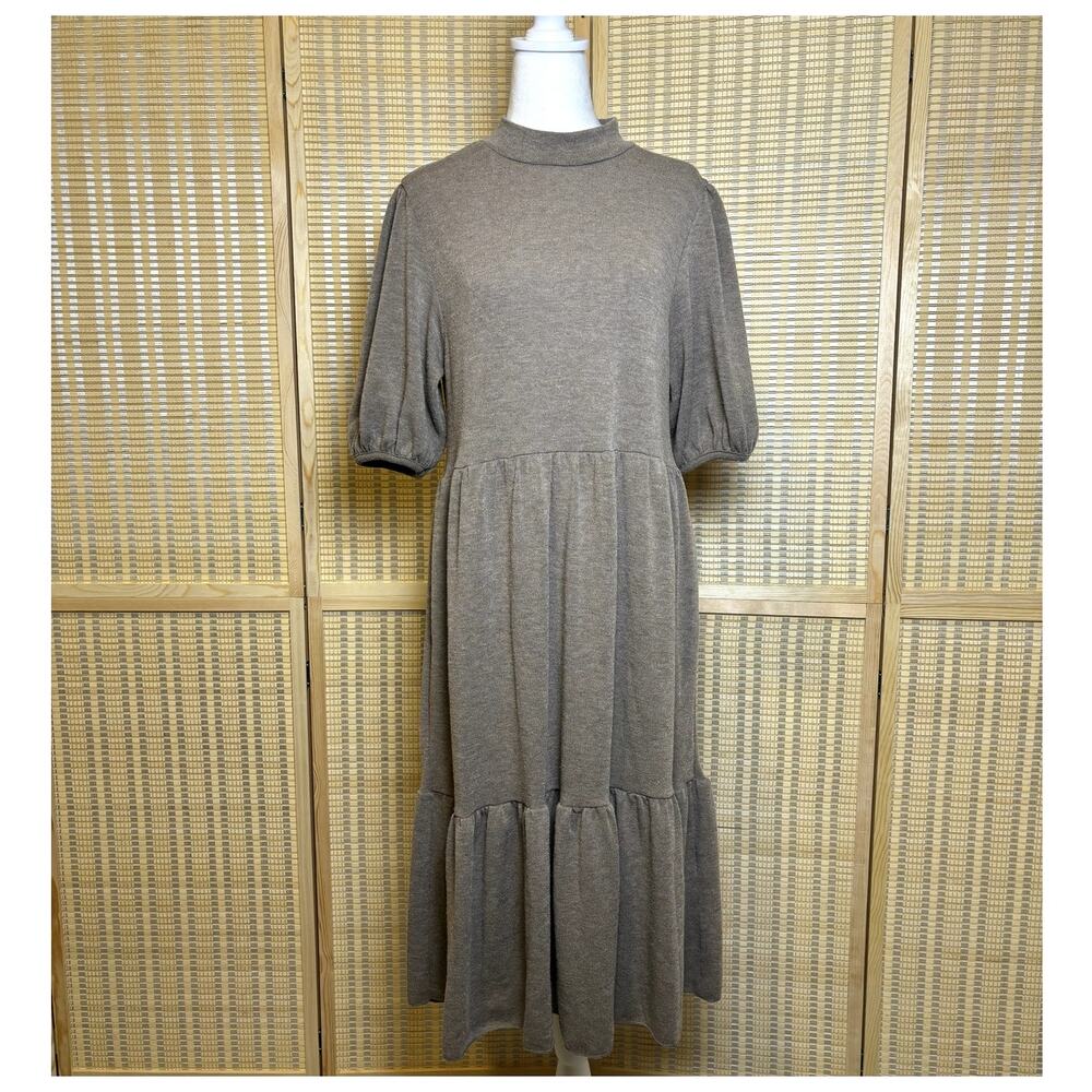 Zara Knit Mock Neck Tiered Peasant Style Brown Puff Sleeve Midi Dress Size Large